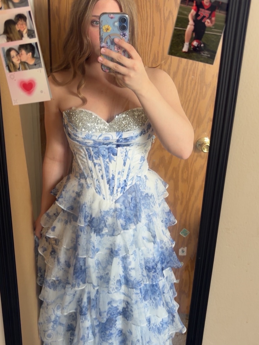 Blue & White Floral Tiered Strapless Ball Gown with Sparkle Sweetheart Bodice